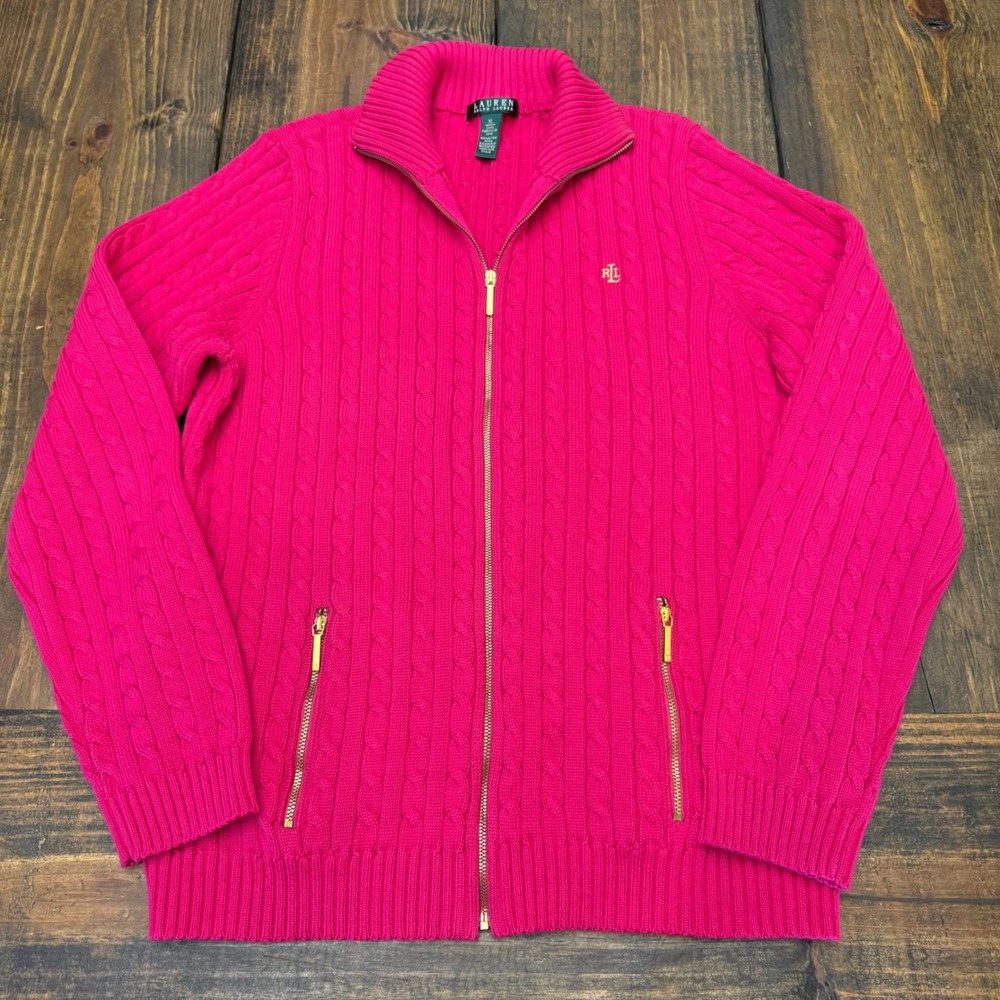Lauren Ralph Lauren Hot Pink Cable Knit Full Zip Cardigan Sweater XL Cotton